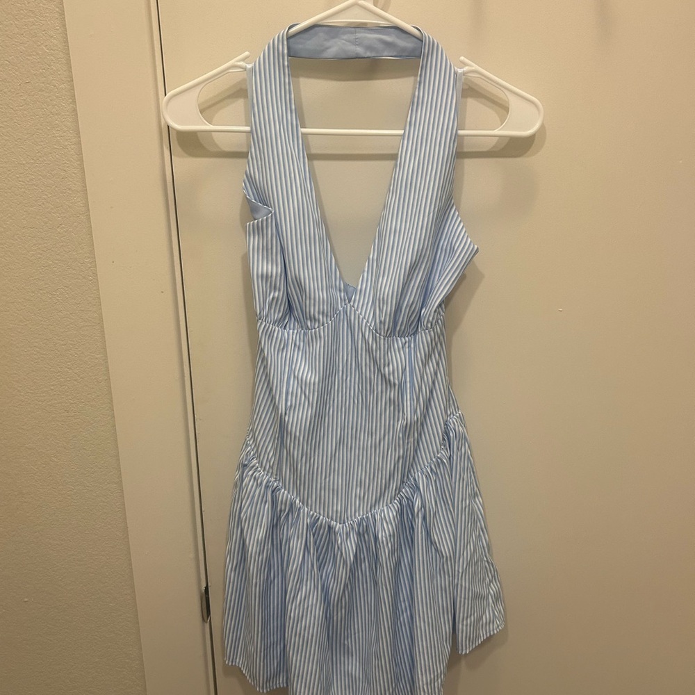 More To Come Blue Striped Halter Dress